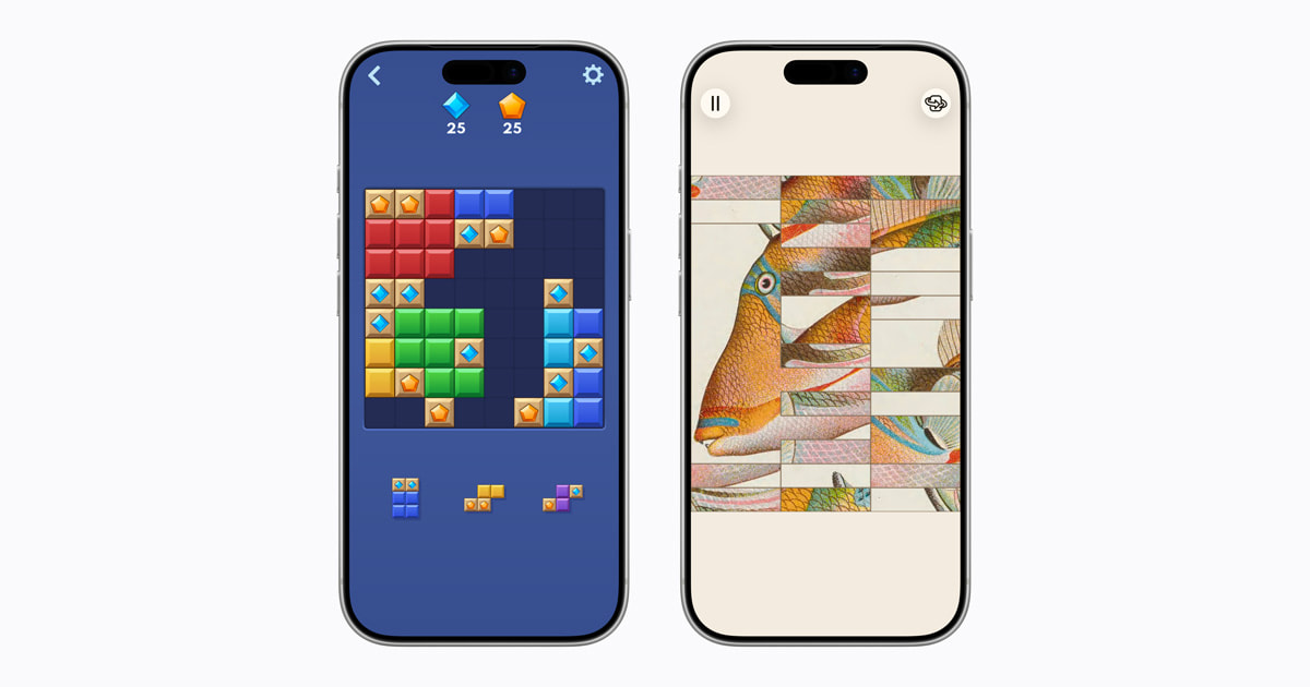 Promotional artwork for Apple Arcade featuring Block Blast!+ and Art of Fauna: Cozy Puzzles+ game icons.