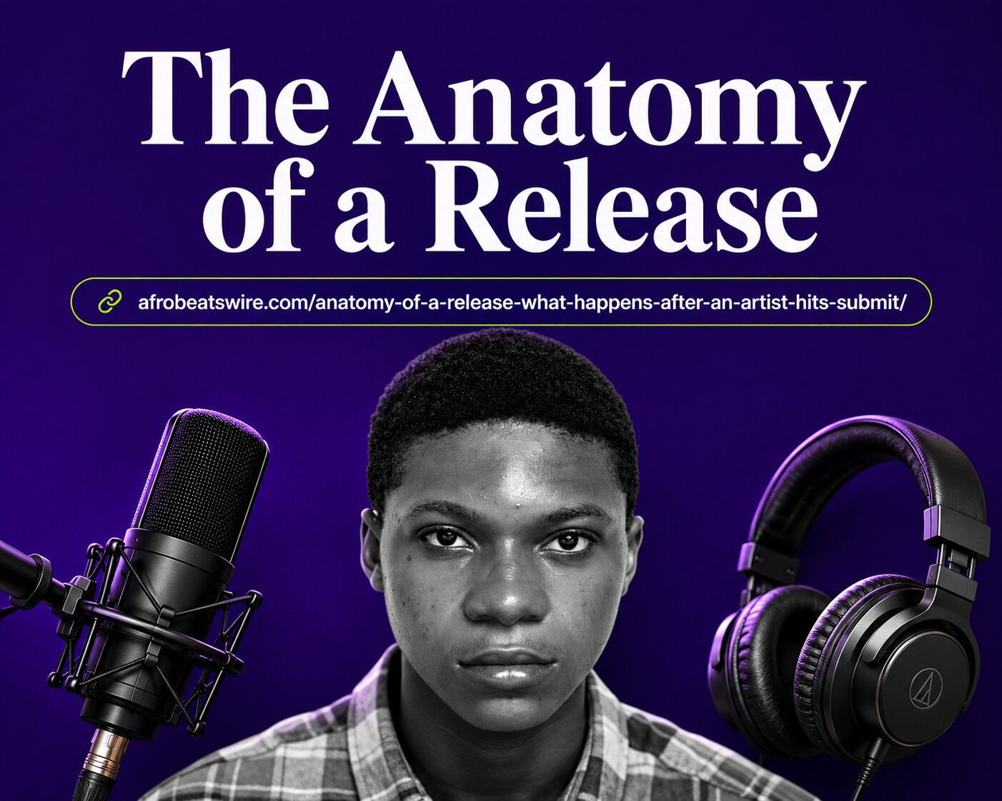 Afrobeats Wire title card for The Anatomy of a Release, showing a condenser microphone and studio headphones either side of an unnamed model