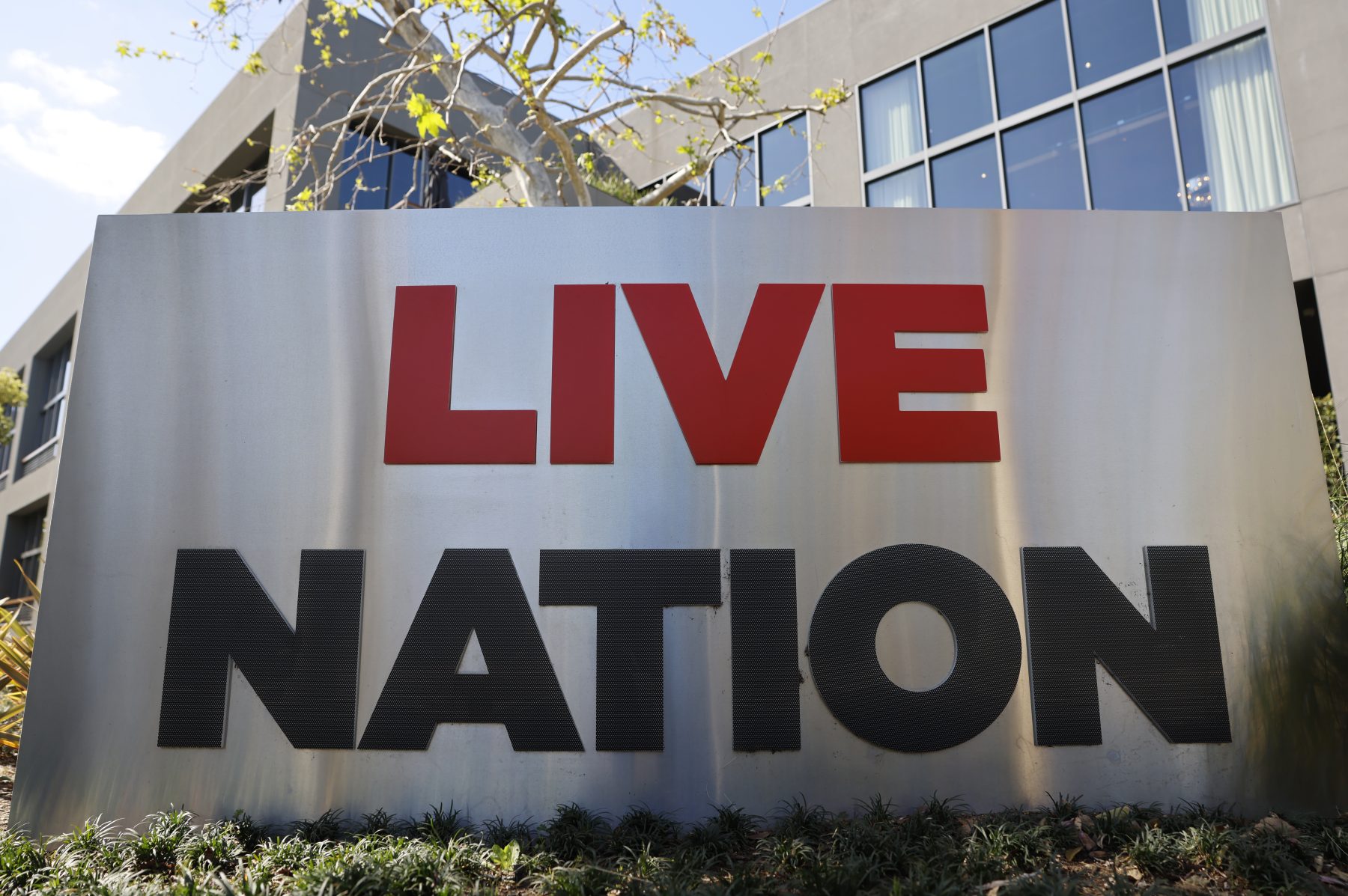 BEVERLY HILLS, CALIFORNIA - MARCH 09: The Live Nation logo is displayed at a Live Nation corporate office on March 9, 2026 in Beverly Hills, California. Live Nation has reportedly reached a tentative