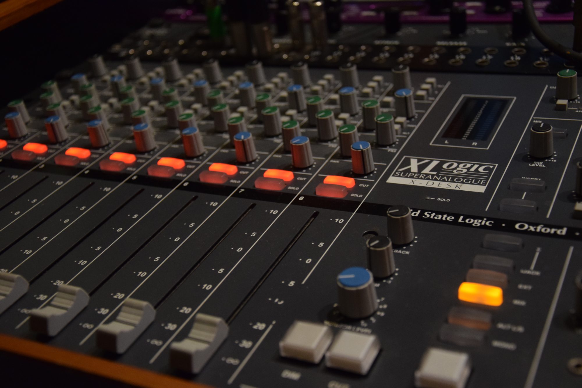A recording studio mixing console