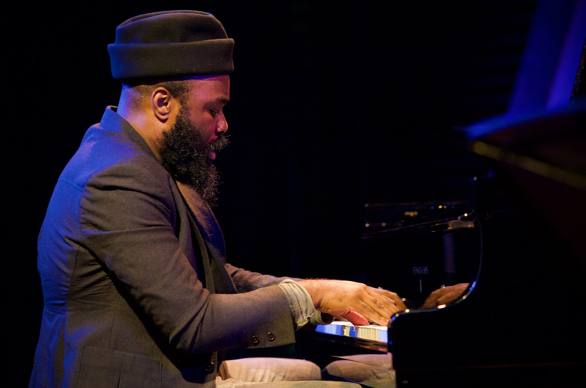 South African jazz pianist Nduduzo Makhathini at the piano during a quartet performance in Amsterdam, October 2021